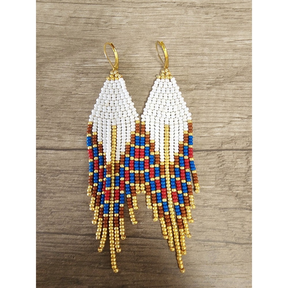 Woman's Handmade Beautiful Fringe Beige  Earrings.